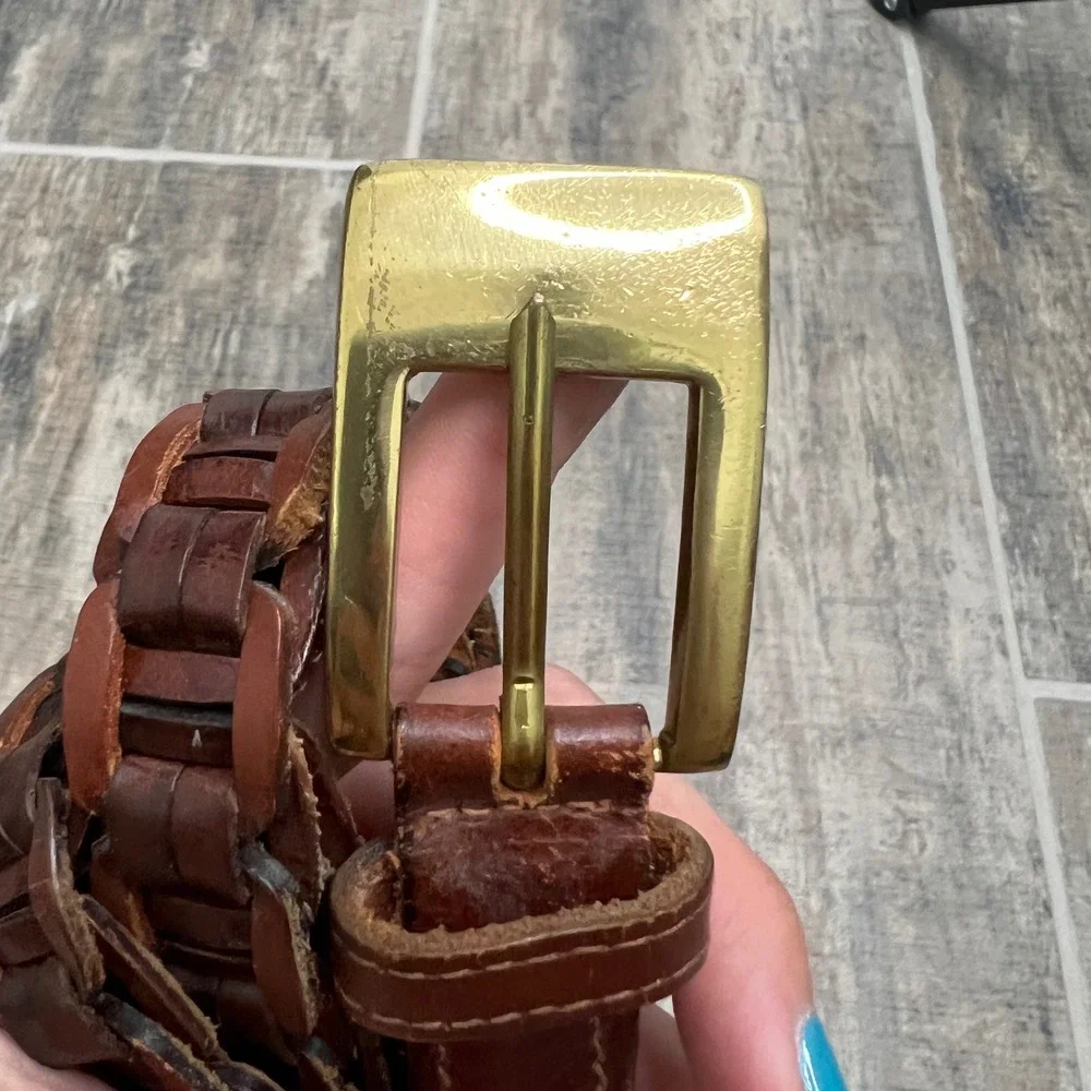 Woven Brown Genuine Leather‎ Belt with Brass Buckle Size S 36 Inch Made in India